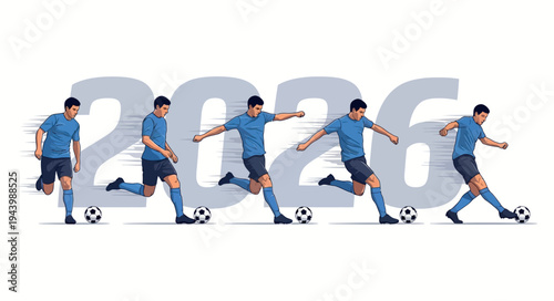 Soccer Player Kicking Ball Motion Sequence with 2026 Typography for World Championship Tournament, Sports Training, and Football Marketing