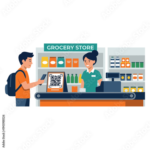 Man scans QR code at grocery store checkout with cashier