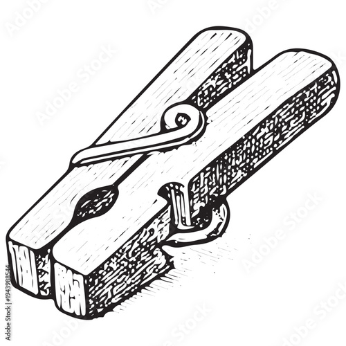 Vintage Wooden Clothespin Illustration Mechanical Spring Clip Laundry Tool Engraved Household Device