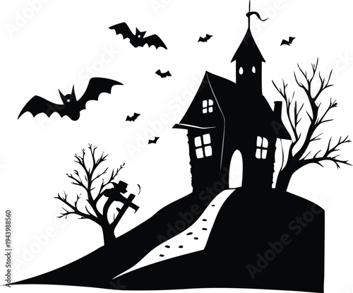 Haunted House Silhouette with Bats and Graveyard on Hilltop Spooky Halloween Scene