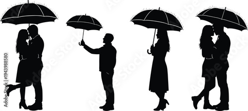 Couple with umbrella silhouette set romantic couple standing in rain vector illustration isolated on white for love relationship design