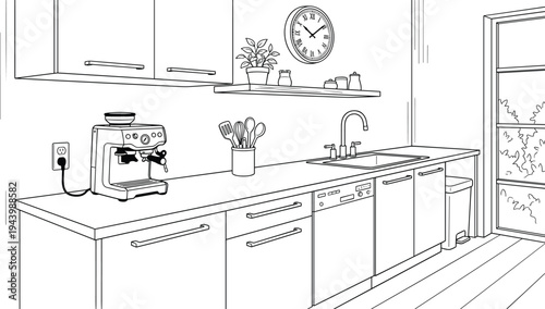 Modern kitchen interior perspective featuring professional espresso machine, countertop sink, and glass door to outdoor garden.