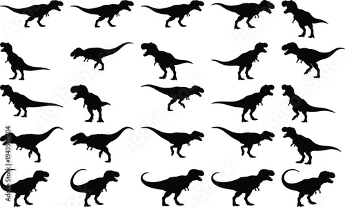 Diverse set of black Tyrannosaurus Rex dinosaur silhouettes captured in various energetic poses on a white canvas.