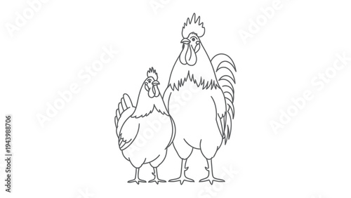 Poultry Pair: A detailed illustration of a hen and a rooster standing side by side, the rooster showing off his comb. perfect for educational materials.