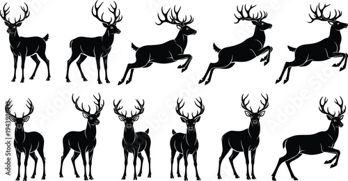 Black deer silhouette vector set, majestic stag with antlers jumping and standing collection, forest wildlife isolated on white background for hunting,