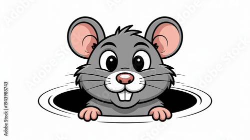 Cartoon mouse peeking out of hole with cheerful expression and big eyes on white background