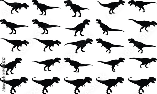Seamless pattern of black Tyrannosaurus Rex dinosaur silhouettes in diverse poses, ideal for backgrounds and textures.