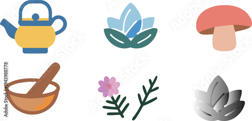 Herbal Medicine Icons: Teapot Lotus Mushroom Mortar Flower LeavesStock Illustration