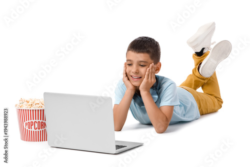 Cute happy boy with popcorn...