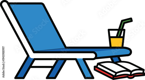 Blue Lounge Chair with Refreshing Drink and Open Book.