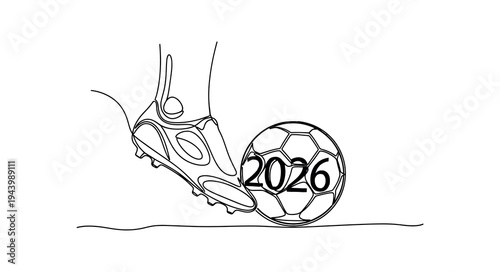 Continuous One Line Drawing of Soccer Player Foot Kicking Ball with 2026 Typography for Football World Championship and Sports Event Branding
