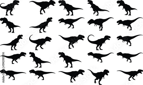 Group of black Tyrannosaurus Rex silhouettes showcasing different movements and postures on a plain white background, dinosaur vector art.