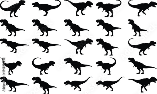 Array of black Tyrannosaurus Rex silhouettes in distinct stances and actions, isolated on a white background, prehistoric animal graphics.