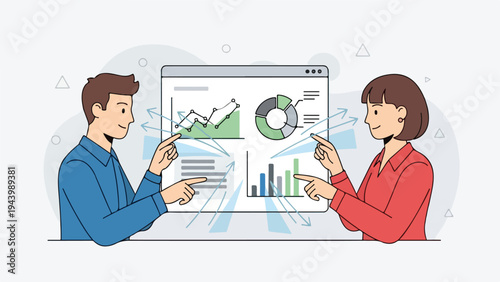 Two business professionals discussing data on a large computer screen with graphs and charts in a modern office setting.