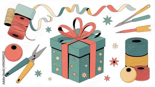 Gift wrapping tools and colorful presents with ribbons and bows on white background for party decoration