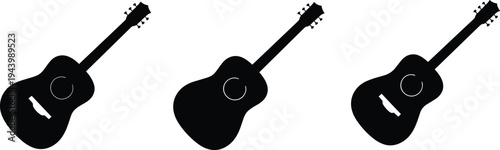 Acoustic guitar silhouette vector set, musical instrument icon collection, black guitar clipart illustration for music design