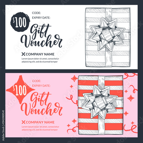 Gift voucher card with hand drawn gift box with bow. Holiday sale banner. Vector certificate, discount coupon design
