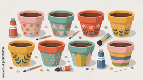 Colorful flower pots with creative designs and painting supplies on a white background for gardening and diy projects