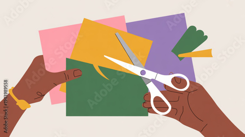 Person cutting colorful paper shapes with scissors for art project or craft