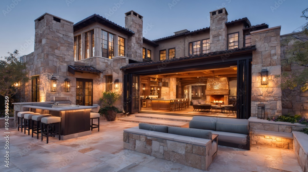 Obraz premium Luxury villa patio with outdoor kitchen and fireplace at evening