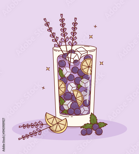 Summer Purple Drink with Blackcurrant, Ice Cubes, Berries, Lavender and Citrus. Refreshing Cottagecore Hand-made Botanical Lemonade in Highball Glass. Vector Illustration