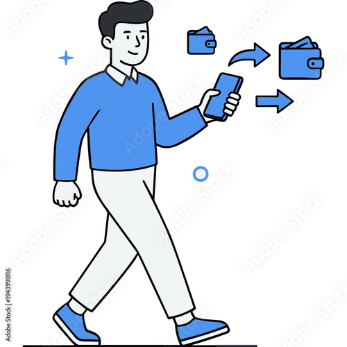 Man walking while transferring files from phone to folders
