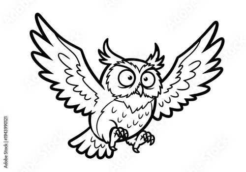 Cartoon owl with spread wings in black and white outline  