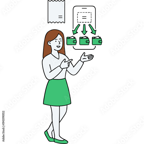 Woman presenting mobile app on smartphone with three green folders to audience