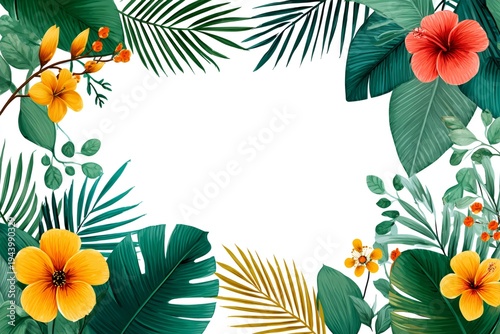 Tropical leaves and exotic flowers border
