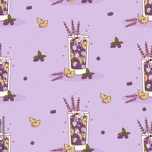 Blackcurrant and Lavender Cocktail Seamless Pattern. Berry Drinks, Flowers, Citrus and Ice Cubes on Purple Background. Refreshing Cottagecore Craft Blackberry Square template. Vector Illustration