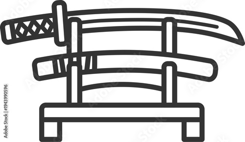 刀掛台に飾られた、日本刀と鞘のアイコン（線画）のイラスト