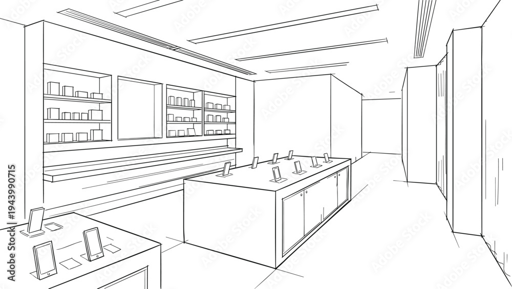 Fototapeta premium Architectural sketch of a modern electronics retail store featuring minimalist mobile phone display tables, accessory shelving, and linear ceiling lighting in a perspective view.