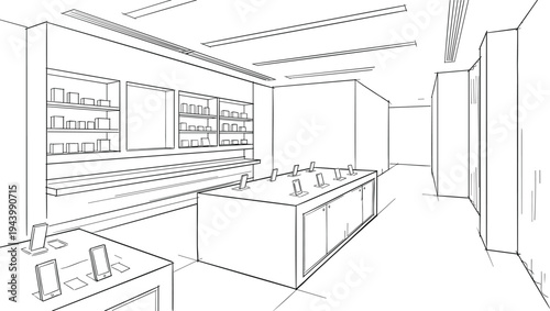 Architectural sketch of a modern electronics retail store featuring minimalist mobile phone display tables, accessory shelving, and linear ceiling lighting in a perspective view.