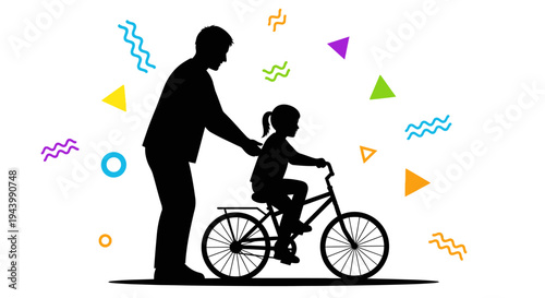 Man helping child ride bicycle.