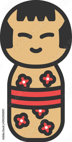 こけしのアイコン（線画カラー）のイラスト