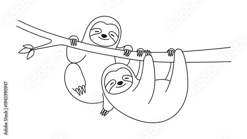 Sloths' bond on a Branch: Two sloths peacefully hang on a tree branch, their gentle smiles mirroring their serene existence in a tranquil natural environment, embodying a relaxed.