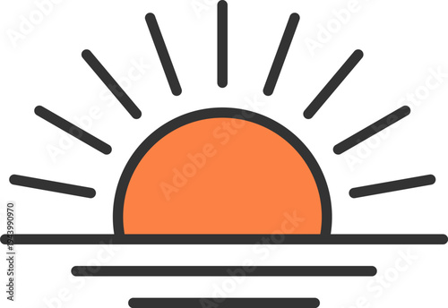 海からの初日の出のアイコン（線画カラー）のイラスト