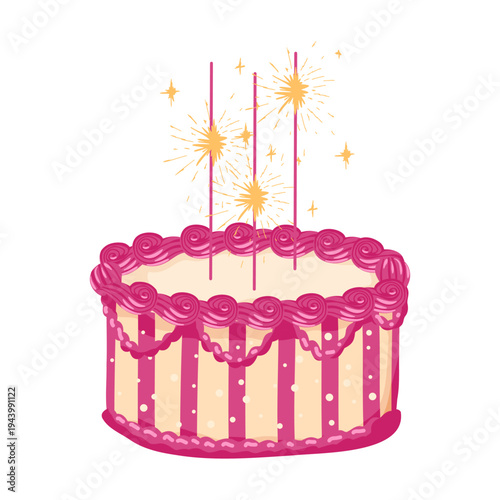 Birthday cake with burning sparkles. Sweet bakery dessert decorated in retro style. Pink cake with cream for celebration design. Vector illustration isolated on white for postcard, sticker, web