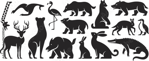 Wild animal silhouettes collection, forest wildlife mammals and birds set including bear deer wolf rabbit crocodile flamingo icons illustrationWild animal silhouettes collection, 