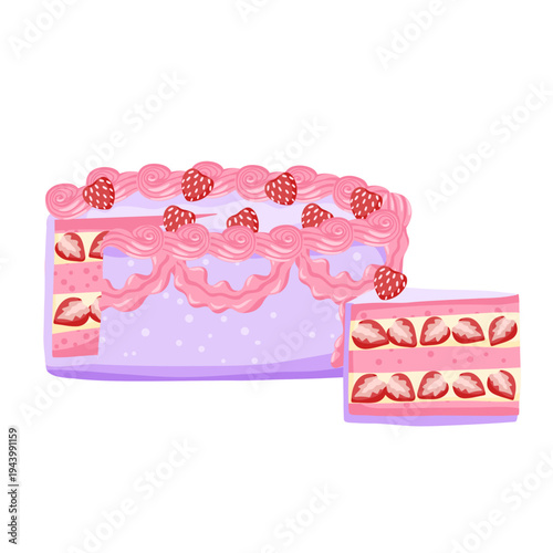 Birthday strawberry cake. Sweet bakery dessert decorated in retro style. A piece of cake with pink cream for celebration design. Vector illustration isolated on white for postcard, sticker, web