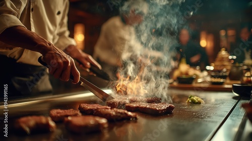 Chef hands cooking premium wagyu beef on teppanyaki grill with flames, creating fine dining experience