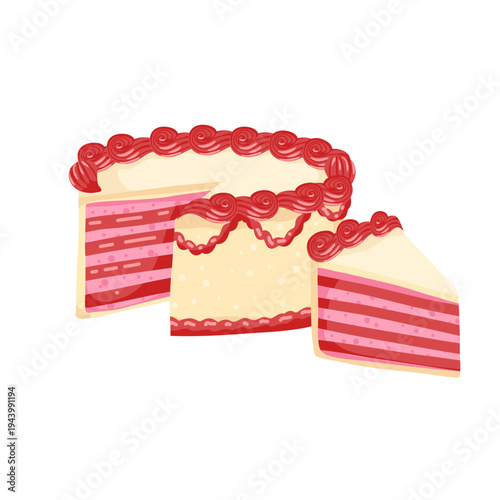 Birthday cake and a slice of cake. Sweet bakery dessert decorated in retro style. A piece of cake with cream layers for celebration design. Vector illustration isolated on white for postcard, sticker
