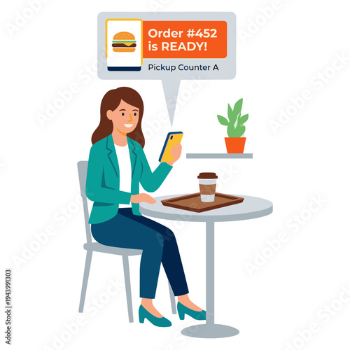 Woman sits at a table reading while waiting for order number 452 at a restaurant pickup counter.