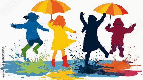 Flat vector illustration of joyful children playing in the rain, perfect for children's books, educational materials, or weather-related designs.