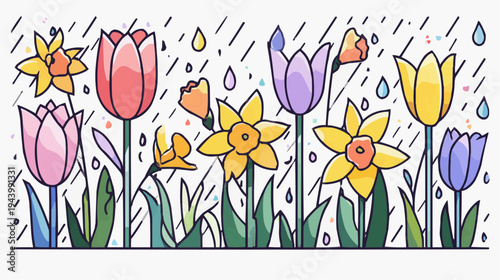Flat vector illustration of blooming tulips and daffodils with raindrops, perfect for spring-themed greeting cards, websites, or seasonal promotions.