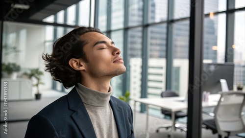 Gen Z Leader concept. Man in office with eyes closed, enjoying a calm moment of relaxation Free Download Gen Z Leader concept. Man in office with eyes closed, enjoying a calm moment of relaxation - GFXLoad