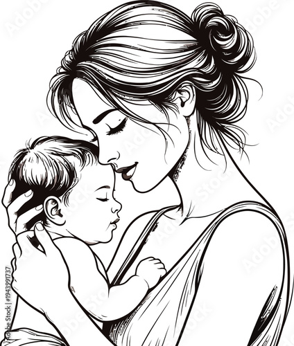 Vector illustration of a mother hugging and kissing her baby