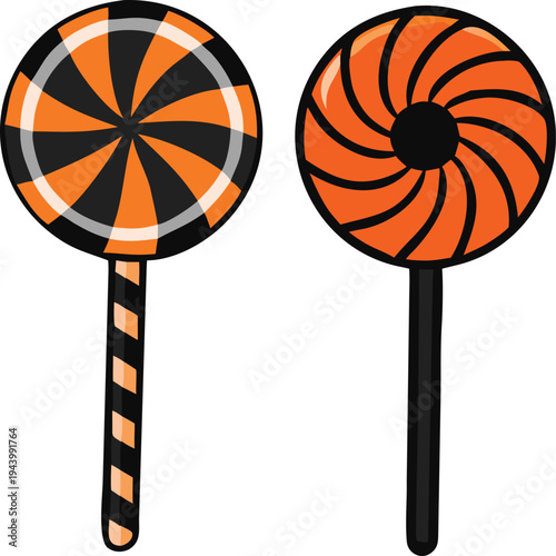 Two Halloween Lollipops Orange Black Swirls Candy Treats Stock