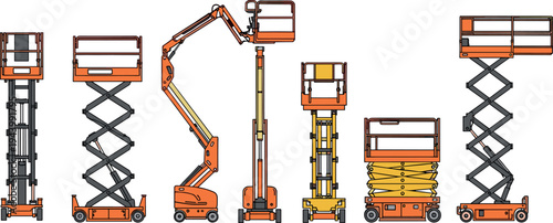 Construction aerial work platforms and scissor lifts vector set including boom lift, mobile elevated platform equipment for maintenance, warehouse operations and industrial lifting tasks