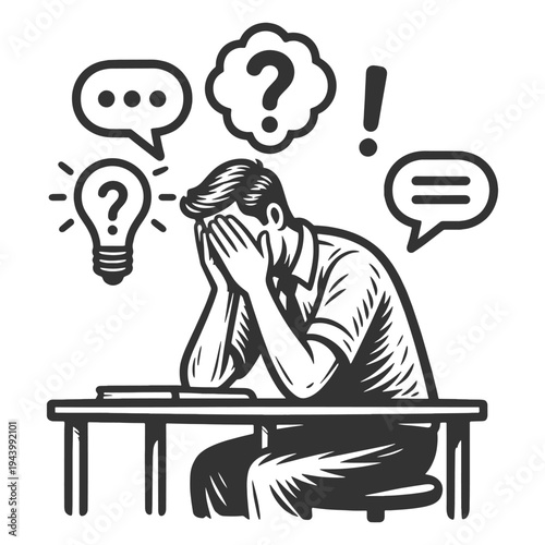 stressed man sitting at desk covering face surrounded by question marks, ideas, and confusion symbols sketch engraving generative ai fictional character vector illustration. Black and white.